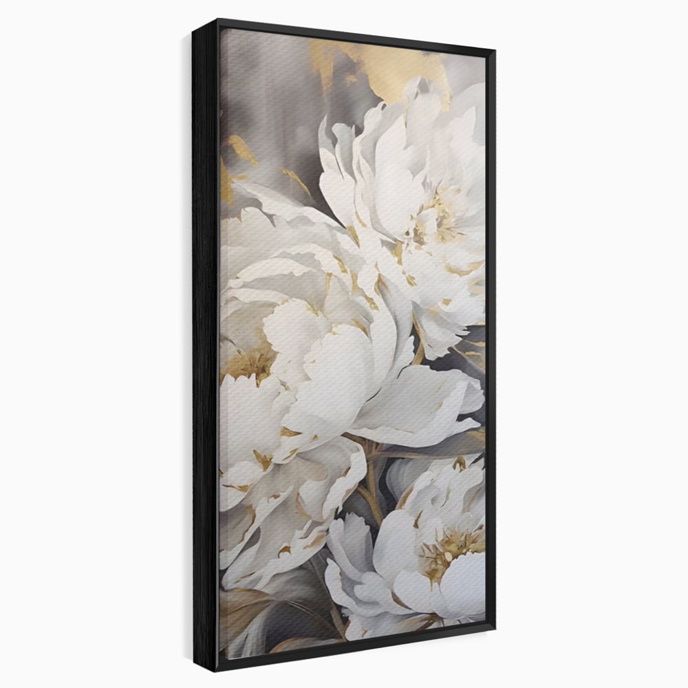 Tablou canvas cu pictura cu bujori albi si accente aurii, in rama de aluminiu negru